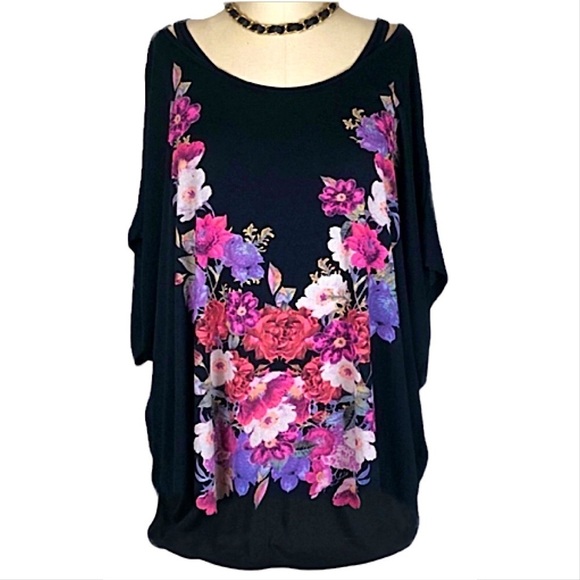 Women’s Multicolored Bright Floral Print Cross Back Jersey Knit Top Size 26 4XL - Picture 1 of 7